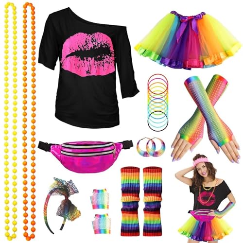 90er 80er Jahre Outfit Damen Netzoberteil Accessoire Off Shoulder Shirt 80erJahre Kleidung 80iger Schlagerparty Bad Taste Frauen Neon Party 80Er Accessoires Damen Karneval KostüM Damen Gr 48 von Hehiy