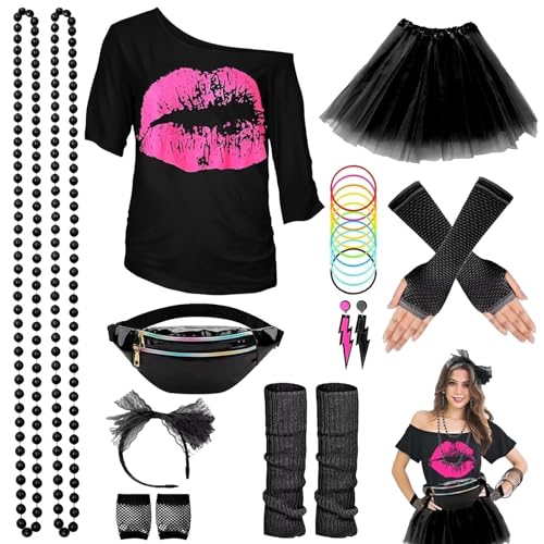 Generisch 80er Jahre Kostüm Zubehör Set, 80er Jahre Party Outfits Party-T-Shirt Tutu-Rock Beinlinge 80er Zubehör Set für Kostümpartys im Retro-Stil 80Er Jahre Outfit Damen Fasching KostüMe Damen Xxl von Hehiy