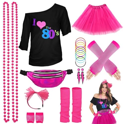 Generisch 80er Jahre Kostüm Zubehör Set, 80er Jahre Party Outfits Party-T-Shirt Tutu-Rock Beinlinge 80er Zubehör Set für Kostümpartys im Retro-Stil KarnevalskostüMe Damen Damen FaschingskostüMe Neu von Hehiy