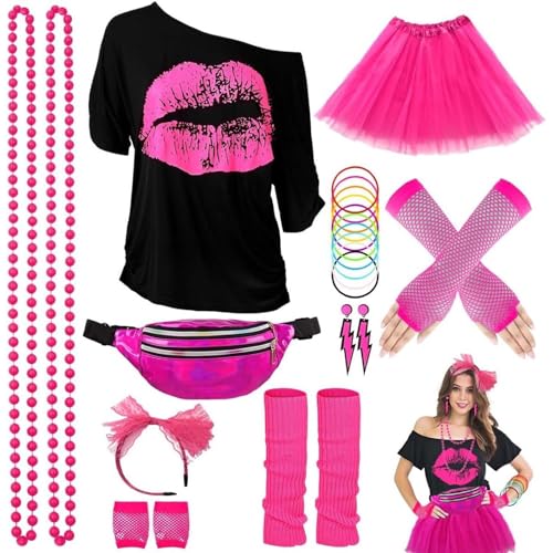 Generisch 90er 80er Jahre Outfit Damen Netzoberteil Accessoire Off Shoulder shirt 80erJahre Kleidung 80iger Schlagerparty Bad Taste Frauen Neon Party Damen KostüM Fasching KostüM Karneval Damen Retro von Hehiy