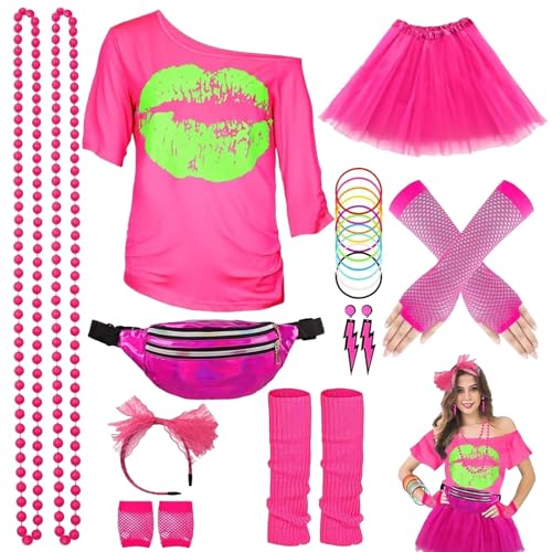 Generisch 90er 80er Jahre Outfit Damen Netzoberteil Accessoire Off Shoulder shirt 80erJahre Kleidung 80iger Schlagerparty Bad Taste Frauen Neon Party Karneval KostüM Damen Fee Damen KostüM Festlich von Hehiy