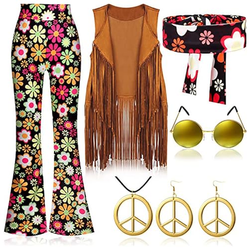 Hehiy Hippie Kleidung Damen Set mit Hippie Oberteil Schlaghose Damen Accessoires 60er 70er Bekleidung Damen Hippie Kostüm 80s costume karnevalskostüm mädchen 110 von Hehiy