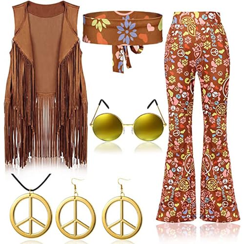 Hehiy Hippie Kostüm Damen Poncho Set mit Hippie Accessoires 60er 70er Jahre Bekleidung Damen Frau Hippie Kleidung Damen 70er Mode Disco Outfit kostüme damen karneval mottoparty 80er jahre outfit von Hehiy