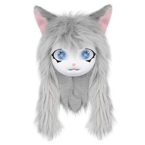 Pelziger Kopf, süßer Plüschfell -Kopf mit großen Augen, Ohren und langem Haar, pelziges Kostüm für Halloween Maskerade Cosplay, Grau Pelziger Kopf, süßer Plüschfell -Kopf mit großen Augen, Ohren und langem Haar, pelziges Kostüm für Halloween Maskerade Cosplay, Grau von Heidouse