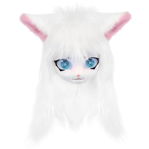 Pelziger Kopf, süßer Plüschfell -Kopf mit großen Augen, Ohren und langem Haar, pelziges Kostüm für Halloween Maskerade Cosplay, Weiß, weiß Pelziger Kopf, süßer Plüschfell -Kopf mit großen Augen, Ohren und langem Haar, pelziges Kostüm für Halloween Maskerade Cosplay, Weiß, weiß von Heidouse