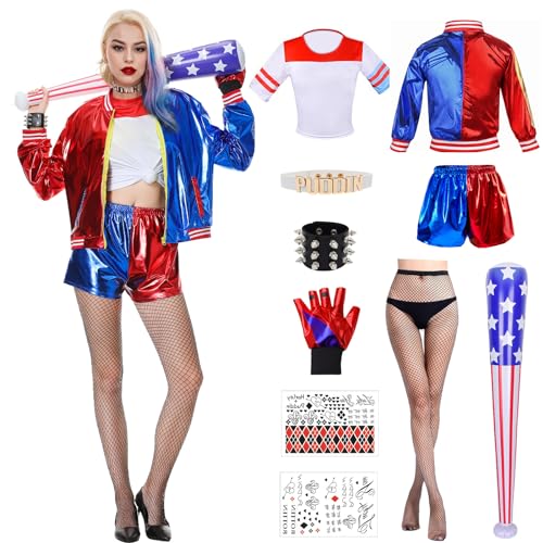 Heionia Kostüm Cosplay Costume Kinder Erwachsene mit Jacke T-shirt Shorts Perücke Handschuhe Baseballschläger Mädchen Damen Halloween Karneval (Erwachsene, L) von Heionia