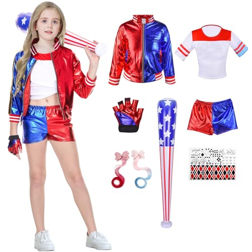 Heionia Kostüm Kinder mit Jacke T-shirt Shorts Perücke Handschuhe Baseballschläger Mädchen Halloween Karneval Cosplay Costume (Kinder, 104-110) von Heionia