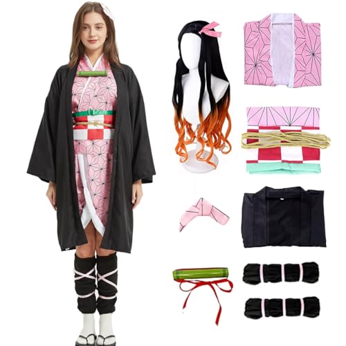 Heionia Nezuko Cosplay Kostüm für Erwachsene Damen 9PCS Nezuko Costume Set mit Perücke Anime Kostüm Kimono Kamado Nezuko Dress Up für Halloween Karneval (S), Rosa von Heionia