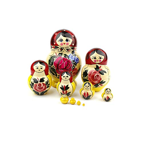 Runde Russische Verschachtelungs-Puppen, 10 Matroschkas Semyonov Roter Runder Stil | Babuschka Holzpuppe Geschenk Spielzeug, Handgefertigt in Russland | Semyonov Roter Runde, 10 Stück, 16 cm von Heka Naturals