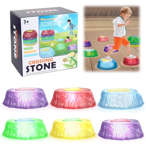 6 Stück Balanciersteine für Kinder, Balance Steine mit LED Licht, Flusssteine Balancieren Kinderspielzeug, Stepping Stones Spielzeug für Balance, Motorik & Koordination Spielzeug für Drinnen Draußen von Hekasvm