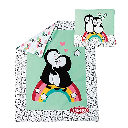 Heless 1000 - Puppen-Wendebettdecke mit Kissen im Pinguin Pünktchen Design, für süße Puppen-Träume von Heless