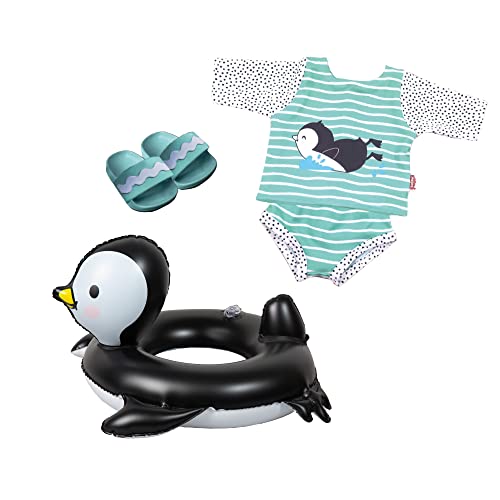 Heless 11 - Schwimm-Set für Puppen im Pinguin Pünktchen-Design, 4 teilig mit Schwimm-Outfit, Badeschlappen und Schwimm-Ring, Größe ca. 35 - 45 cm, für Bade-Spaß an heißen Sommertagen von Heless