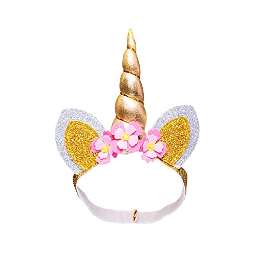 Heless 131 - Haarband für Puppen, mit gold-glitzerfarbenem Horn, Glitzer-Öhrchen und Blüten, Gr. 35 - 45 cm von Heless