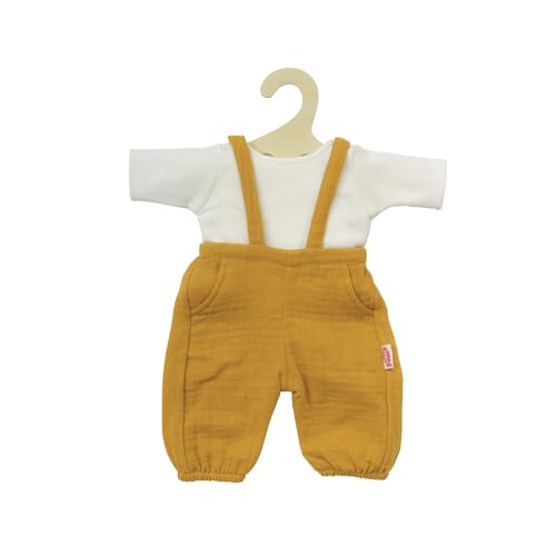 Heless 1415 - Puppenkleidung aus 100 % Bio-Baumwolle, 2-teiliges Set mit Latzhose in Honiggelb und weißem T-Shirt für Puppen und Kuscheltiere der Größe 28 - 35 cm von Heless