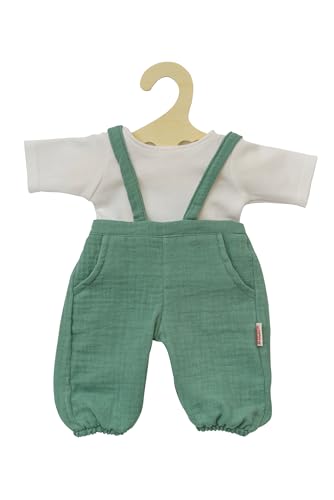 Heless 1416 - Puppenkleidung aus 100% Bio-Baumwolle, 2-teiliges Set mit Latzhose in Salbeigrün und weißem T-Shirt für Puppen und Kuscheltiere der Größe 28-35 cm von Heless