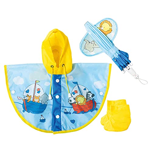 Heless 172 - Regen-Set für Puppen im Design Segelfreunde, 3 teilig mit Regen-Cape, Regen-Schirm und Regen-Stiefeln, Größe 35 - 45 cm von Heless