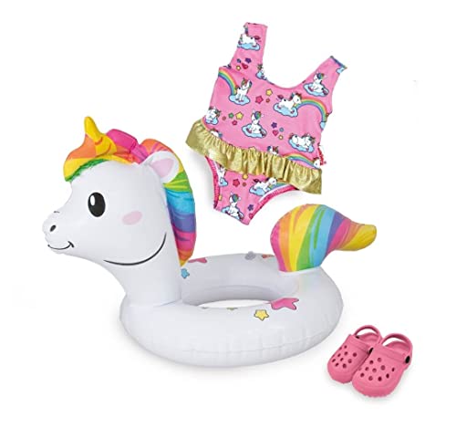 Heless 66 - Schwimm-Set für Puppen, 3 teilig, Motiv Einhorn Henri, Badeanzug, Clogs und Schwimmring, Größe 35 - 45 cm, für Badespaß an heißen Sommertagen, Rosa von Heless