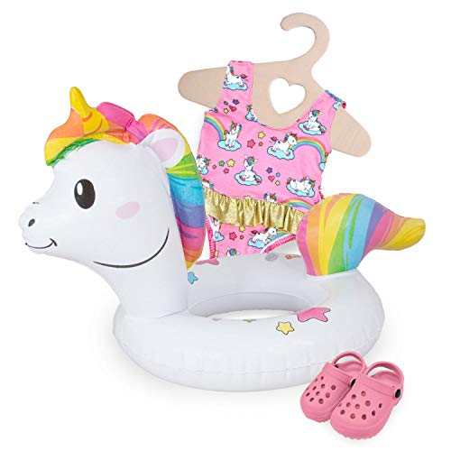 Heless 661 - Schwimm-Set für Puppen, 3 teilig, Motiv Einhorn Henri, Badeanzug, Clogs und Schwimmring, Größe 28 - 35 cm, für Badespaß an heißen Sommertagen, Rosa,weiß von Heless