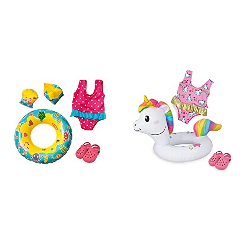 Heless 88 - Schwimmset für Puppen, Badeanzug, ClogsPuppengröße ca. 35-45 cm & 66 - Schwimmset für Puppen, 3 teilig, Motiv Einhorn Henri, Badeanzug, Clogs und Schwimmring, Größe 35-45 cm von Heless