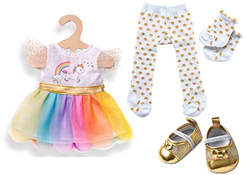 Heless Puppenbekleidungs-Set Kleid Einhorn Henri mit Strumpfhose, Söckchen und Ballerinas, 4 teilig, Größe 28 - 35 cm von Heless