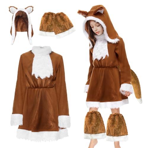 Fuchs KostüM Kinder FüR MäDchen: Fuchs Rotbraun Tiere KinderkostüM Mit Hut Und Schwanz FüR 4-12 Jahre - Karneval Halloween Cosplay Motto-Party (L (10-12 Jahre alt)) von Helimwint