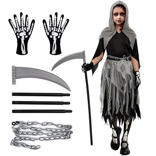 Halloween Kostüm für Kinder: Sensenmann Mädchen Kostüm Kinder Faschingskostüme - Karneval Kostüm mit Sense Kette Handschuhe Socken für Dress Up Party (L (10-12 Jahre)) von Helimwint