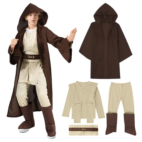 Helimwint Jedi KostüM Kinder Cosplay Outfit: 4pcs Jungen Jedi Robe Ritter Umhang Tunika Skywalker Mit Kapuzenmantel Uniformhosen GüRtel (L - 10-14 Jahre alt) von Helimwint