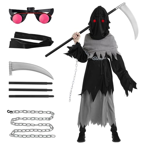 Kinder Sensenmann Kostüm Faschingskostüme Jungen: Karneval Reaper Robe Tod Kostüme Set mit Sicheln Handschuhe Kette Leuchtende Gläser - für Halloween Mottoparty Cosplay (S (5-7 Jahre)) von Helimwint