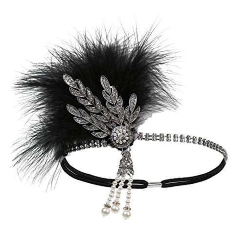 Hellery 1920er Jahre Stirnband Feder Flappers Party Kopfschmuck Bankette Tiara Feder Strass Perlen Kopfstück Haarband Trachtenschmuck, Schwarzes Silber von Hellery