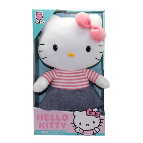 Hello Kitty 30 cm Plüschtier – mit Jeansrock und rosa gestreiftem Oberteil, weich und kuschelig, Altersgruppen – inklusive Geschenkbox, entzückbares Sammlerstück von Hello Kitty