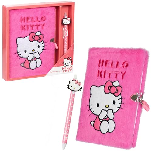 Hello Kitty A5 Tagebuch und Stift Set, Plüsch Notizbuch mit Schloss(Rosa) von Hello Kitty