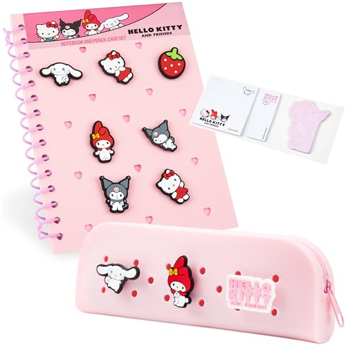 Hello Kitty Notizbuch A5 mit Federmäppchen und Chibi-Charakter-Pins, Notizbuch Set Schreibwaren Set für die Schule, Geschenke für Kinder von Hello Kitty