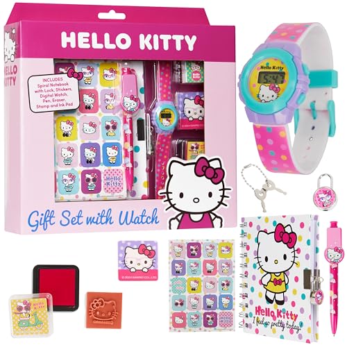 Hello Kitty Tagebuch Mädchen mit Schloss Digitale Armbanduhr mit Schreibwaren Set Stempel Stifte Kinderuhr Geschenke für Mädchen von Hello Kitty