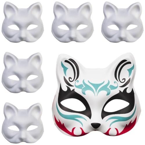 Helweet Weiße Katzenmaske, Cat Mask, Masken zum Bemalen, 6 Stück Leere Maske, Blank Gesichtsmaske, Pappmaché-Masken, Geeignet für Maskeraden, Bastelkurse, Singles Partys, Aufführungen, Karneval von Helweet