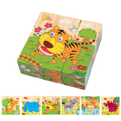 Würfelpuzzle Holz, 3D Bilderwürfel Puzzlespiele, Bilderwürfel Puzzle aus Holz, Toys Würfelpuzzle, Holzpuzzle 3D Würfelpuzzle. 6 in 1 Tier Motive Holzpuzzle, Puzzlespiele 6 in 1 Tier Motive, 10 x 10cm von Helweet