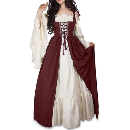 HemeraPhit Renaissance-Kleid für Damen, Mittelalter-Kostüm, Halloween, Cosplay, Taillenbindung, Gothic, Retro-Kleid, Größe L von HemeraPhit