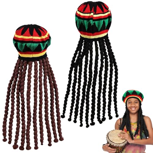 2 PCs Jamaikaner Hut traditioneller gestrickter weicher Rasta -Hut mit 18 in Langen schwarzen und braunen Dreadlocks Buntes Komfortables elastisches, lustiges Dreadlock -Perücken für Party, Cosplay, von Hemore