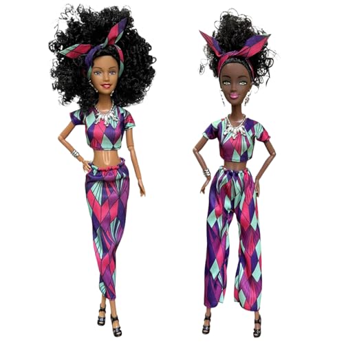 2 PCs Schwarze Puppen, mehrgelbte Erwachsene Frauen Realistische afroamerikanische Puppe mit abnehmbarem Rock und Hosen, 12,6 in Modehnen mit gekräuselten schwarzen Haaren für Mädchen, realistisches von Hemore