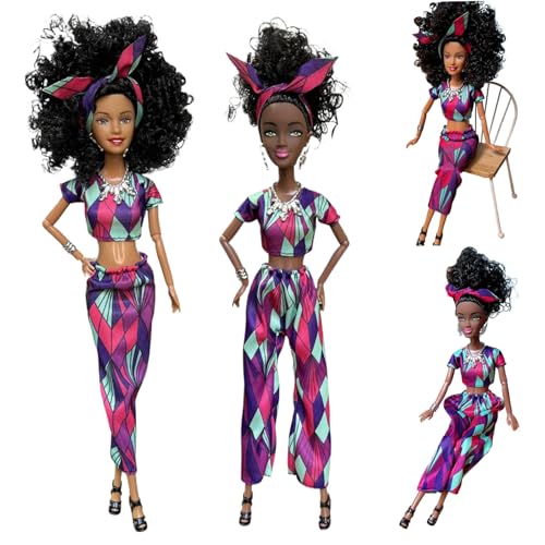 2 PCs Schwarze Puppen, mehrgelbte Erwachsene Frauen realistische afroamerikanische Puppe mit abnehmbarem Rock und Hosen, 12,6 in Modehnen mit zusammengerolltem schwarzem Haar für Mädchen, realistisch von Hemore