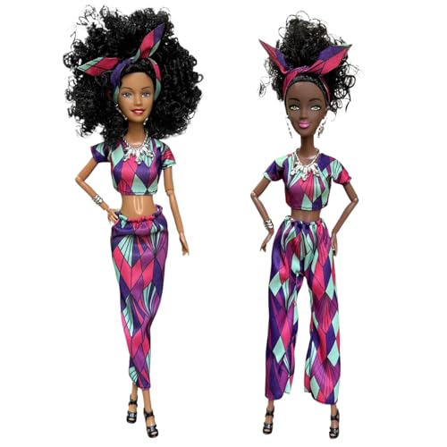 2pcs Schwarze Puppen, mehrsprachige Erwachsene Frauen realistische afroamerikanische Puppe mit abnehmbarem Rock und Hosen, 12,6 in Modehnen mit zusammengerolltem schwarzen Haar für Mädchen, Schwarze von Hemore