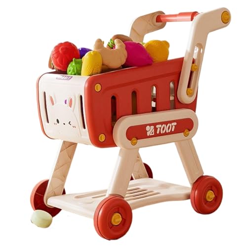 Einkaufswagen für Kinder, Kindereinkaufswagen mit 13 zufälligen künstlichen Obst und Gemüse, Kleinkinderwagenspielzeug, Kinderhändler für das Spielen und Rollenspiel (Rot) von Hemore