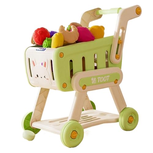 Einkaufswagen für Kinder, Kindereinkaufswagen mit 13 zufälligen künstlichen Obst und Gemüse, Kleinkinderwagenspielzeug, Kinderhändler für das Spielen und Rollenspiel (grün) von Hemore