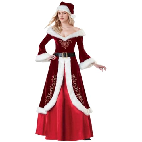 Frau Claus Kostüm Erwachsene Frauen, 3pcs/Set Samt Frau Claus Kostüm mit Kleid, Hut und Gürtel für Weihnacht Cosplay Party (XL) von Hemore