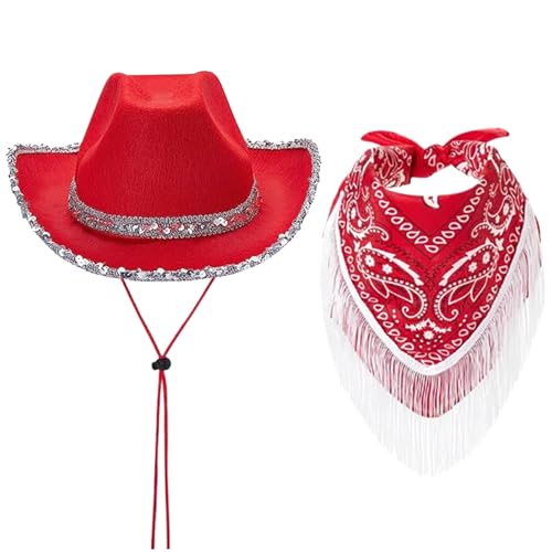 Frauen Cowboyhut, Pailletten Cowgirl Hat mit Nackenschal, roter Cowboyhut, Cowgirl -Hüte für Frauen Halloween von Hemore