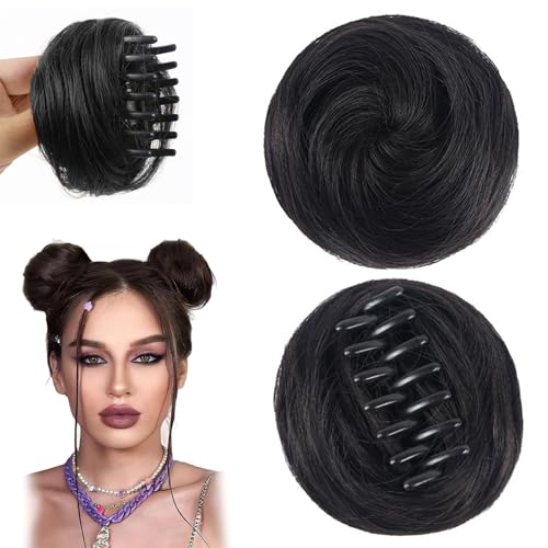 Haarbrötchen für Frauen 2pcs 2x3 Zoll schwarzes Haar Brötchen Erweiterung mit Klauenclip natürliche gerade hohe Temperaturfaserhaarverlängerungen für den täglichen Gebrauch, Party, Hochzeit, Brötchen von Hemore