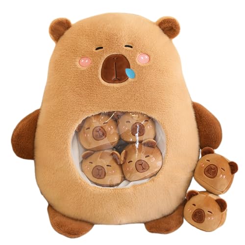 Hemore Capybara Plush Snack Kissen, 45 x 35 cm Plüsch Capybara -Spielzeug mit 6 abnehmbaren Mini -Capybara -Puppen, Capybara -Stofftier zum Weihnachtsgeburtstag (braun) von Hemore