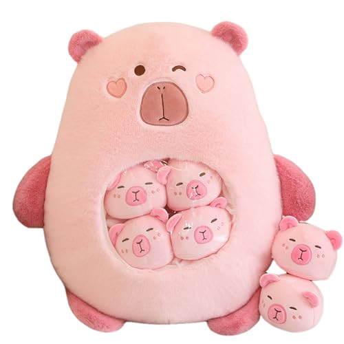 Hemore Capybara Plush Snack Kissen, 45x35 cm Plüsch Capybara -Spielzeug mit 6 abnehmbaren Mini -Capybara -Puppen, Capybara -Stofftier für Kinder Weihnachtsgeburtstag (Pink) von Hemore