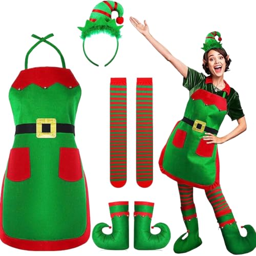 Hemore Elf -Kostüm für Frauen, 1 Set Velvet Weihnachten Elf Kostüm Set mit Schürze, Gürtel, Stirnband, Strumpf und Stiefeln für Weihnacht Cosplay von Hemore