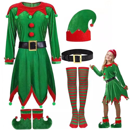 Hemore Elf -Kostüm für Kinder, 1 Set Samt Weihnachts -Elfen -Kostüm -Set mit Kleid, Gürtel, Elf -Hut, Strumpf und Stiefeln für Weihnacht Cosplay (Größe 150) von Hemore