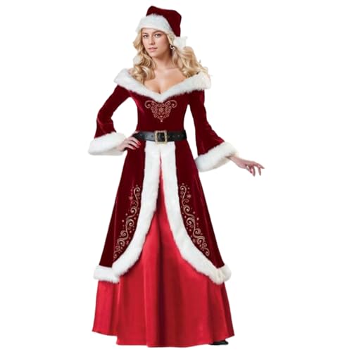 Hemore Frau Claus Kostüm Erwachsene Frauen, 3pcs/Set Samt Frau Claus Outfit mit Kleid, Hut, Gürtel, Weihnachtskostüm für Frauen (L) von Hemore